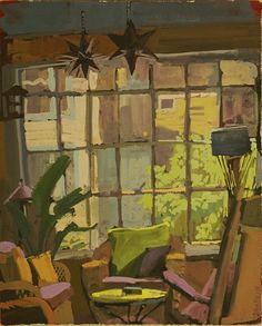 a painting of a living room filled with furniture and plants in front of a window