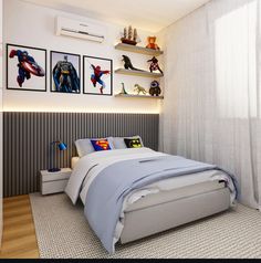 a bed sitting in a bedroom next to two pictures on the wall and shelves above it