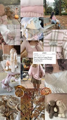 the collage shows many different types of sweaters and hats, including teddy bears