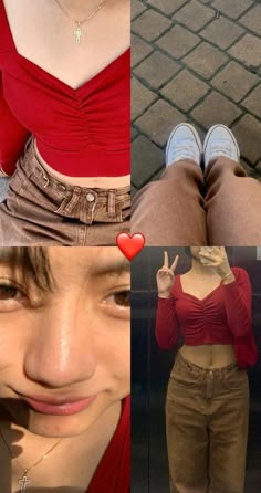 four different pictures show the same woman's body, shoes, and clothing she is wearing