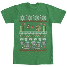 Time to deck the halls and the Mushroom Kingdom with the Nintendo Mario and Bowser Ugly Christmas Sweater Heather Kelly Green T-Shirt! A Christmas sweater style print on the front of this cool green Nintendo Christmas shirt features Mario, Bowser, mushrooms, snowflakes, and more. Mario And Bowser, Nintendo Christmas, Mario Bowser, Mario Yoshi, Mushroom Kingdom, Sweater Style, Green Tshirt, Christmas Tees, Kelly Green