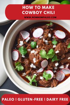 a white bowl filled with beef chili and garnished with cilantros