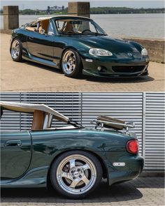 two pictures of a green sports car with the top down and the bottom in view