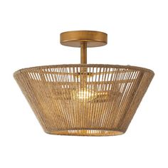 a bamboo light fixture hanging from the ceiling with a wooden frame and wicker basket design