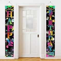 an open door with happy birthday decorations on the front and back sides, along with two doorways