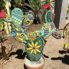 a potted plant that is sitting on the ground in front of other plants and cactuses