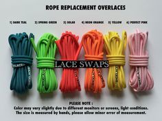 "Rope Style Overlaces 20+ colors to choose from Width of shoelaces vary between 4.75 - 5mm Sold by the Pair (2 Laces) (NO ZIP TIES IN THIS LISTING ONLY SHOELACES) Lengths Available: 63 Inch / 160cm \"No returns on orders with length issues please measure your existing laces before purchasing \" NO SHOES, NO ZIP TIES (SHOELACES ONLY PLEASE NOTE : Color may vary slightly due to different monitors or screens, light conditions. The size is measured by hands, please allow minor error of measurement. Air Force One Shoes, Shoes Laces, Tie Shoelaces, No Shoes, Colorful Shoes, Shoe Insoles, Perfect Pink, Zip Ties, Sb Dunk