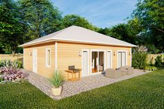 a small house with a patio and sitting area