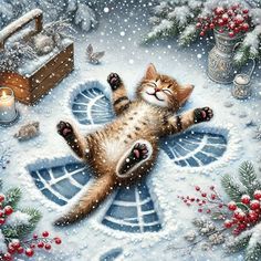 a painting of a cat laying on its back in the snow with it's eyes closed