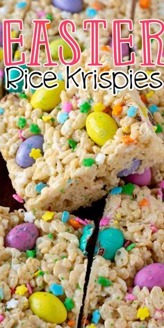 rice krispies with easter eggs on top and the words, easter rice krispies