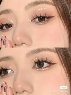 Korean Makeup Look Glam, Kpop Concert Makeup Ideas, Simple Glitter Makeup, Korean Eye Makeup Look, Natural Douyin, Natural Douyin Makeup, Kpop Concert Makeup, Makeup Ideas Asian