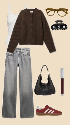 a woman's outfit including jeans, sweater and shoes