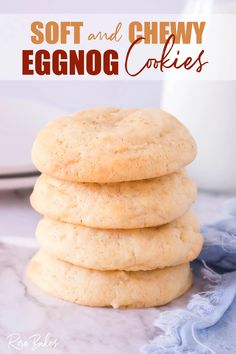 soft and chewy eggnog cookies stacked on top of each other