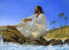 a painting of jesus sitting on a rock by the ocean