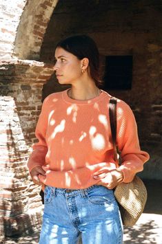 Charles Sweater - Persimmon Orange - MERRITT CHARLES Coral Sweater Outfit, Pretty Orange Color, Pretty Orange, Orange Sweater, Color Sweater, Orange Sweaters, Fall Sweater, Cozy Sweater, Persimmon