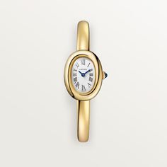 Cartier - Baignoire watch - Watch  - Baignoire de Cartier watch, mini model, size 15, quartz movement. 18K yellow gold (750/1000) case. 18K yellow gold (750/1000) beaded crown set with a sapphire cabochon. 18K yellow gold (750/1000) rigid bracelet. Silvered dial, blued-steel sword-shaped hands, sapphire crystal. Length: 24.6 mm, width: 18.7 mm, thickness: 7.2 mm. Water-resistant up to 3 bar (approx. 30 meters). Cartier Yellow Gold Watch With Diamond Hour Markers, Cartier Gold Watch With Rectangular Dial, Gold Cartier Watch With Rectangular Dial, Cartier Yellow Gold Watches With Metal Dial, Luxury Gold Cartier Watch, Luxury 14k Gold Watch For Formal Occasions, Timeless Cartier Watch In Yellow Gold, Cartier Yellow Gold Evening Watch, Evening Cartier Yellow Gold Watch