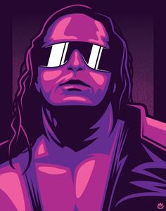 a man with sunglasses on his face and long hair, in front of a purple background