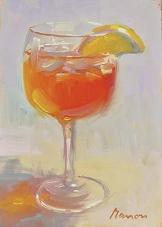 an oil painting of a drink in a glass with a lemon slice on the rim