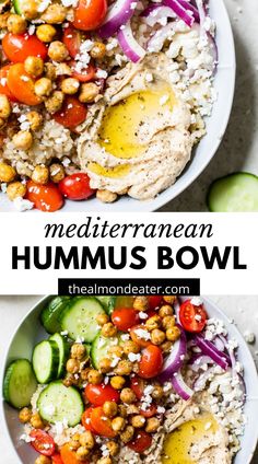 two bowls filled with different types of food and the words mediterranean hummus bowl above them