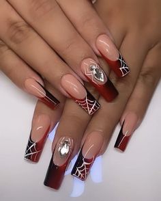 Spiderman Nails Black And Red, Spider Man Nails Acrylic Long, Miles Morales Nails Designs, Batman Inspired Nails, Nail Ideas Spiderman, Nails Inspiration Red And Black, Batman Acrylic Nails, Red N Black Nails