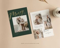 a couple's christmas card with the word merry on it and two photos next to each other