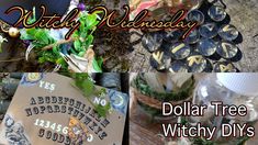 dollar tree witch diys are on display in front of a sign with words and numbers