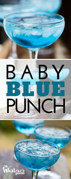 baby blue punch in martini glasses with the words baby blue punch on top and bottom