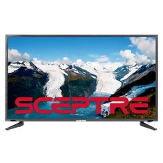 the sceptre tv is shown on a white background with mountains in the background