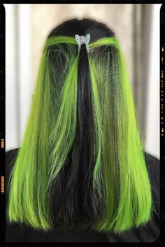 Neon Green Peekaboo - Hair Color Idea Green Peekaboo Highlights, Green Peekaboo Hair, Neon Green Highlights, Green Peekaboo, Under Hair Dye, Colorful Highlights, Nct Concert, Peekaboo Highlights