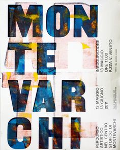 a poster with the words mon te vair chi in blue, yellow and pink