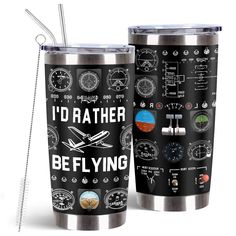 two stainless steel tumblers with different types of planes on them and the words i'd rather be flying