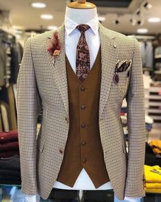 Men Suit Brown Houndstooth Tweed Check Notch Lapel Prom Tuxedo Wedding Suits | eBay Dapper Suits Men Wedding, Men Suit Combinations Ideas, Suit Combinations Men Color Combos, Checks Suits For Men, Checked Blazer Outfit Men, Wedding Suit Unique, Mens Wedding Fashion, Suits For The Groom, Men Suits Style