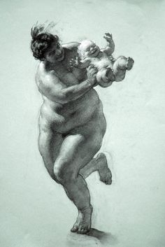 a pencil drawing of a woman holding a baby in her arms and standing on one leg