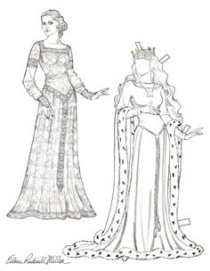 a drawing of two women dressed in medieval clothing, one wearing a tiara and the other wearing a gown