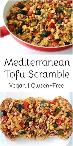 two different views of food in a pan with the words mediterranean tofu scramble on it