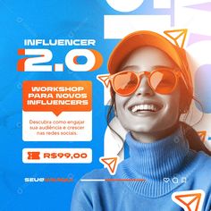 a woman wearing sunglasses and an orange hat with the words influencer 20 on it