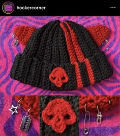 a crocheted beanie hat with earring hooks attached to the front and back