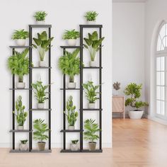 three shelves with plants on them in front of a white wall and wooden flooring