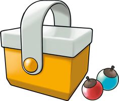 an orange and white bag next to two colorful balls on a white background with the same color as it appears