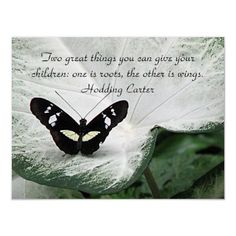 a black and white butterfly sitting on top of a green leaf with a quote written below it