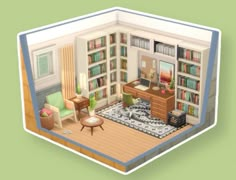 an image of a living room with bookshelves and furniture on the floor in it