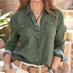 Western Shirt With Contrast Print Inside And Twill Tape Detail At The Placket. Snap Button Front, Two Front Patch Pockets With Snaps. Linen. Machine Wash. Imported. Older Women Fashion, Sundance Catalog, Work Tops, Western Shirt, Cowgirl Style, Fall Shopping, Shirts Blouses, Work Attire, Western Shirts