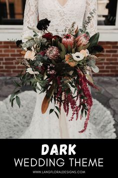 a woman holding a bouquet in front of a brick building with the words dark wedding theme