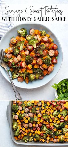 sausage and sweet potatoes with honey garlic sauce in a casserole dish on a plate