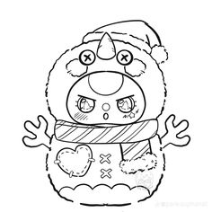 a black and white drawing of a cartoon bear wearing a santa hat, scarf and mittens