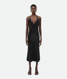 Bottega Veneta® Women's Viscose Satin Dress in Black. Shop online now. Black Satin Midi Dress, Plisse Dress, Viscose Dress, Leather Denim, Midi Cocktail Dress, Black Shop, Knitwear Dress, Satin Midi Dress, Satin Mini Dress