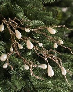 the branches of a christmas tree are covered with white lights and small beads hanging from them