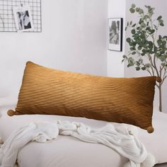 a white bed topped with a brown pillow next to a plant and pictures on the wall