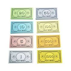 six different colored money bills with numbers on them