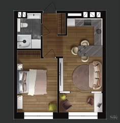 an overhead view of a bedroom and living room in a small apartment with wood flooring